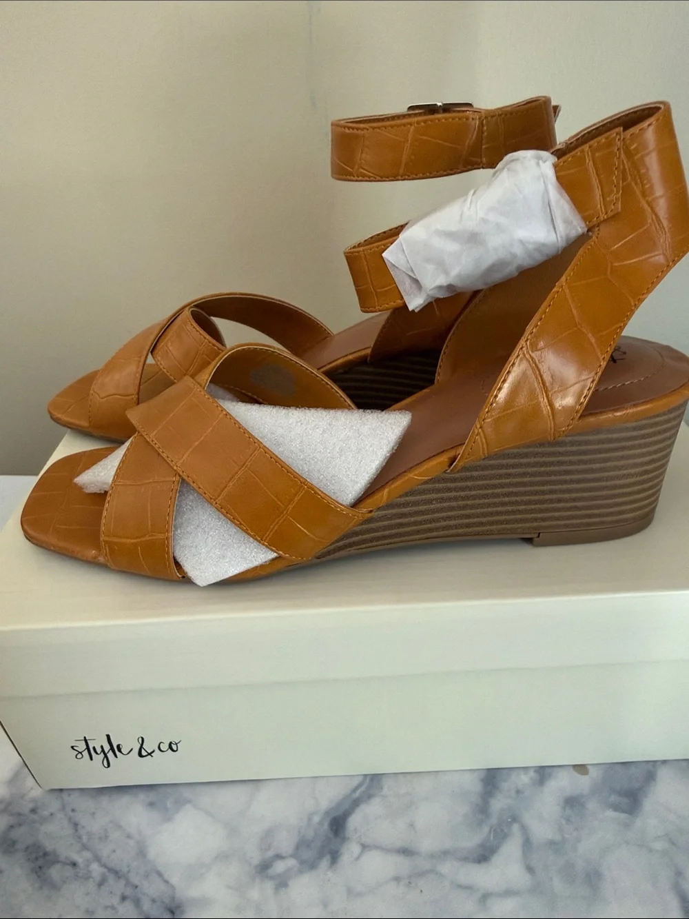 Style & Co. Cognac Tan Croc-Embossed Strappy Block Heel Sandals